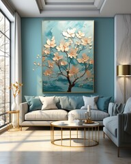 living room with a blue sofa and a large painting of a flower on the wall.