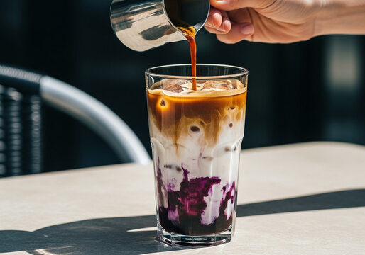 Pouring Espresso into Blueberry Latte Outdoors