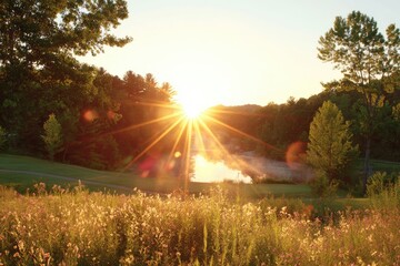 Sunrise over a tranquil golf course. Lush greenery, wildflowers, and a serene lake bathed in golden sunlight