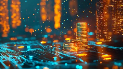 Multiple stacks of digital cryptocurrency coins glowing amid a futuristic cityscape with luminous data lights, reflecting the growth of decentralized finance and blockchain-based trading ecosystems - Powered by Adobe