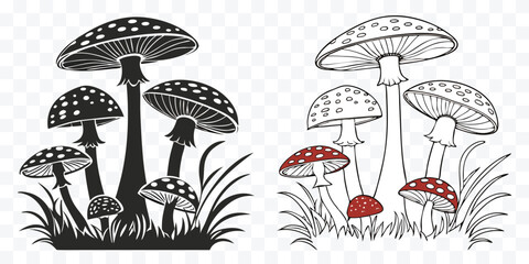 Naklejka premium Amanita Mushroom Vector Illustration in Black and White Line Art Style with Natural Grass Detail on Transparent Background