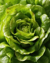 Fresh Green Lettuce Close-Up with Dew Drops Showcasing Crisp Vibrant Leaves Texture