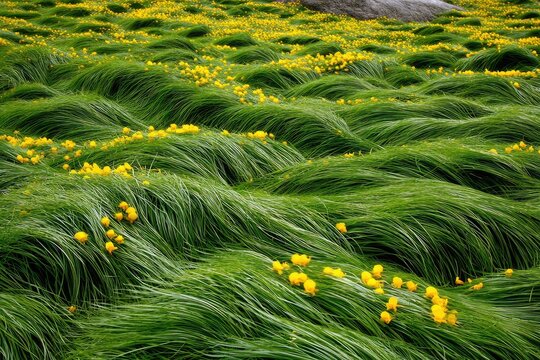 Windswept meadow, vibrant green grass, scattered yellow flowers