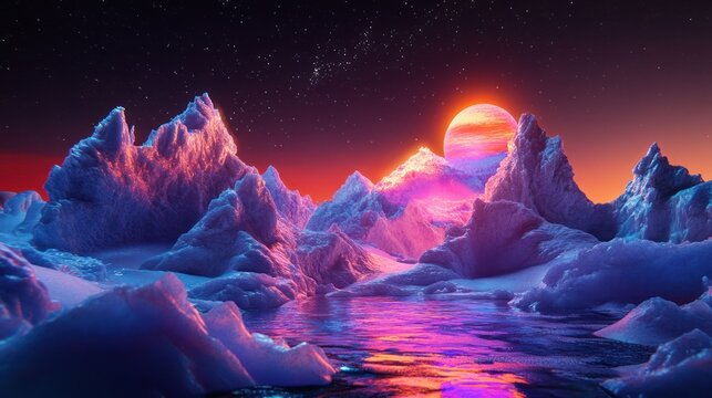 Surreal Frozen Landscape with a Distant Planet and Starlit Night Sky