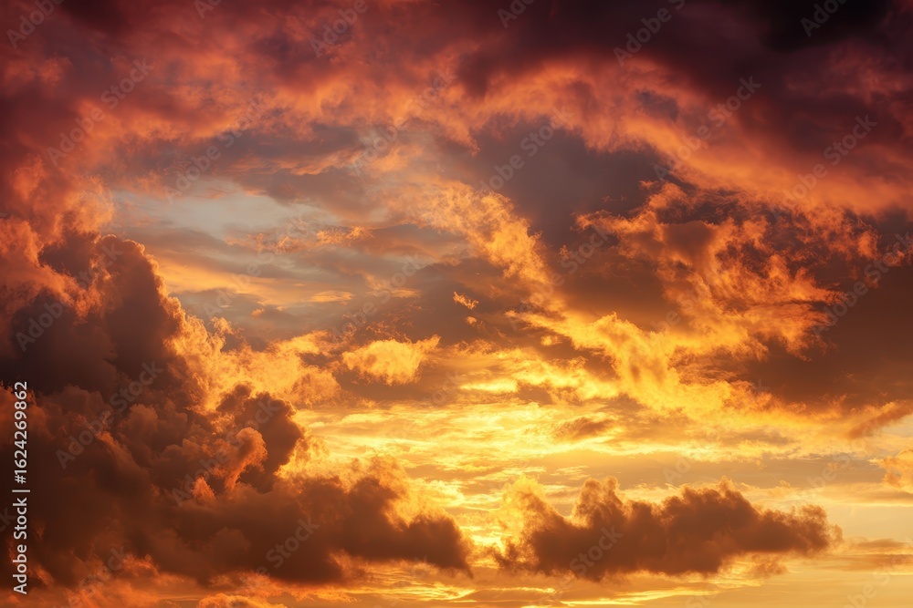 Poster golden clouds illuminated by a stunning sunset creating an abstract background of vibrant colors and