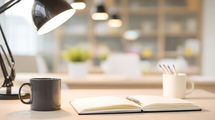 A developer's workstation with an empty notebook and coffee mug under soft desk lamp lighting.