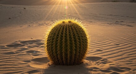 Majestic Desert Cactus Surrounded by Golden Sand During Stunning Sunset with Sun Rays Streaming Down