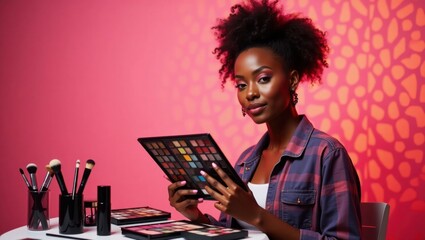 Beautiful African woman with afro hair choosing makeup shades from an eyeshadow palette for a perfect beauty look