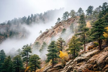 Misty mountainside with trees and rocks