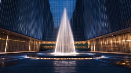 Symmetrical water fountain installation nestled between modern architectural structures