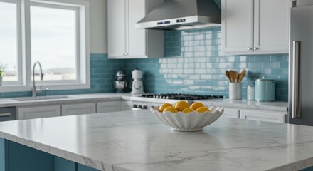 Modern Kitchen Interior with Light Blue Accents and Stylish White Countertop featuring Fresh Lemons in a Bowl