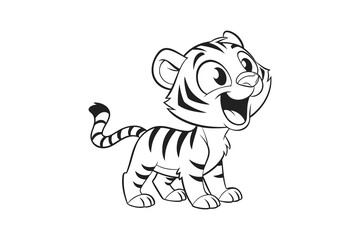 Adorable cartoon tiger cub with big eyes and stripes a playful and cute jungle animal silhouette isolated on white background
