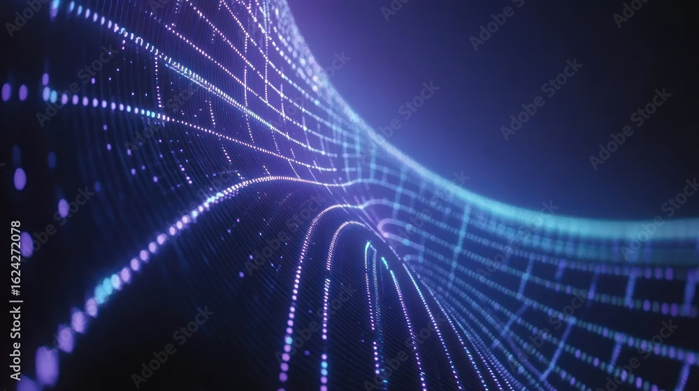 Poster abstract digital data wave in blue and purple colors with glowing lines and dots