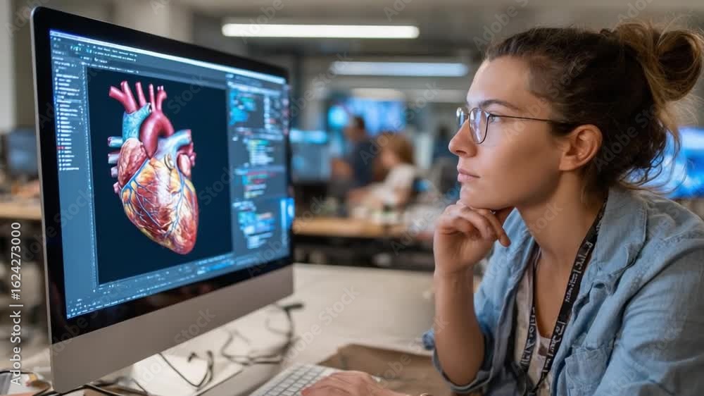 Aufkleber medical visualization: a focused professional examines a detailed 3d rendering of a heart on a compu
