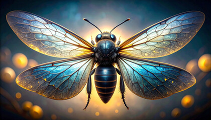 Majestic Bee with Luminous Iridescent Wings Bathed in Golden Light
