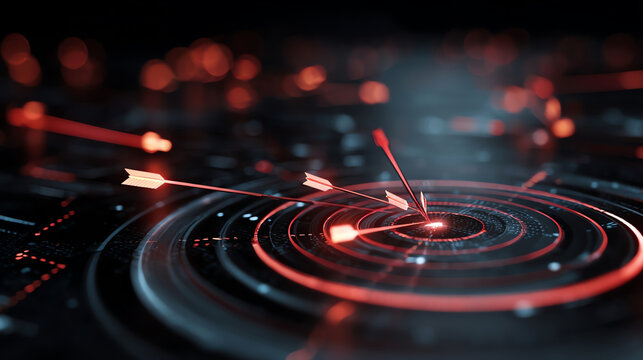 Abstract target board with digital arrows hitting performance metrics, showcasing precision