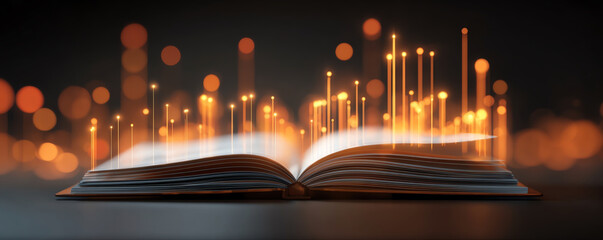 Open book with glowing performance indicators emerging from its pages creates magical atmosphere