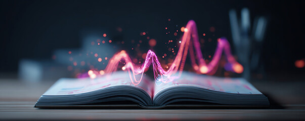 Open book with glowing abstract performance indicators and vibrant waves of light