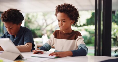 African boys, learning and tablet at house for elearning, tutorial video and writing for homework. Children, siblings and digital for education, online lesson and studying information for development - Powered by Adobe