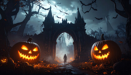 Ominous Halloween Night: A Lone Figure Enters a Ruined Gothic Gate Flanked by Glowing Jack-o'-Lanterns.