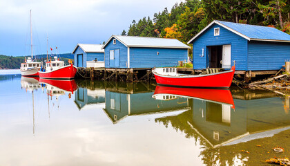 Vivid Red Boats and Blue Boathouses Reflecting in a Tranquil Harbor
