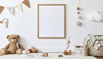 Stylish Scandinavian Nursery Decor with Wooden Toys and Mockup Poster