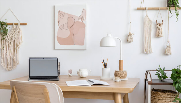 Boho Chic Home Office Workspace with Wooden Desk and Macrame Decor