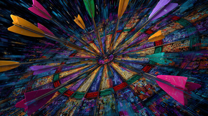 Abstract digital dartboard with vivid arrows creates dynamic visual experience