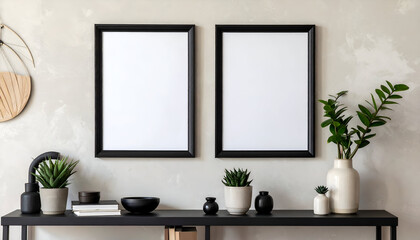 Two Blank Mockup Poster Frames in Minimalist Living Room Interior