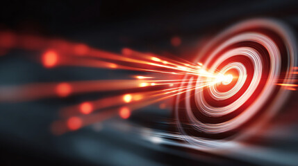 Dynamic light beams converge towards central target, creating abstract representation of focus
