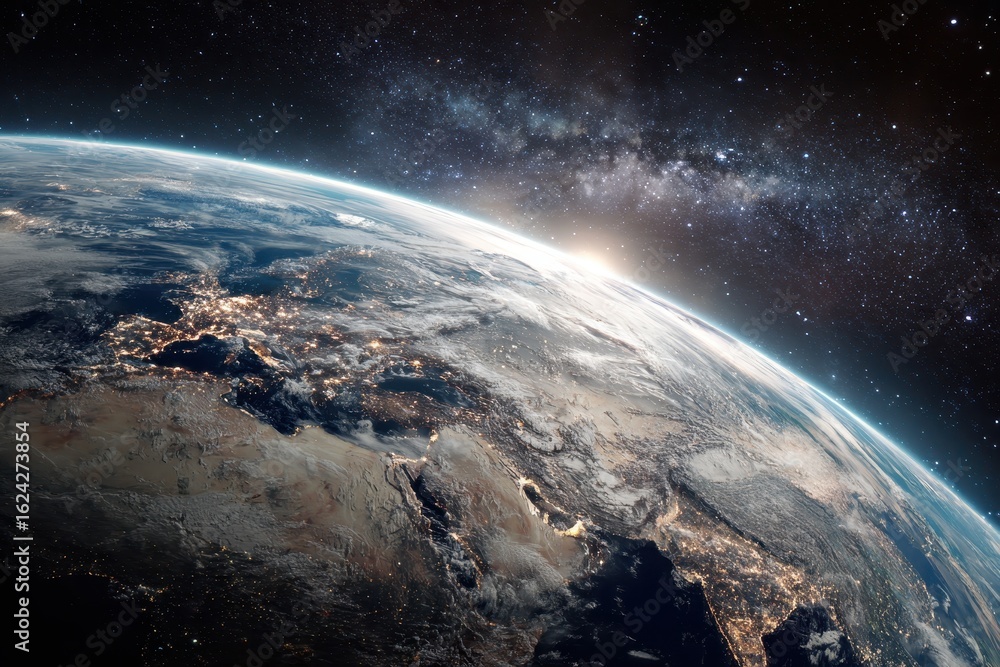 Poster planet earth viewed from outer space with civilization elements illuminated against the vast backdro
