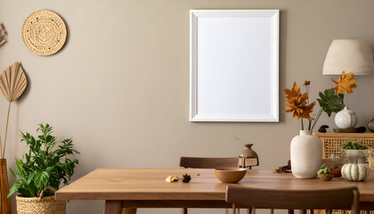 Cozy Dining Room Interior with White Mockup Poster Frame and Autumn Decor
