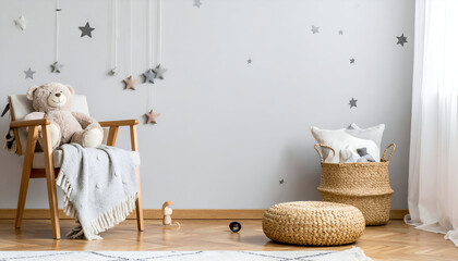 Stylish Scandinavian Nursery Decor with Teddy Bear and Toys