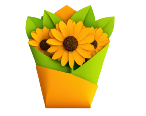 Paper flower bouquet yellow sunflower green leaf orange wrapping isolated cheerful decorative handmade floral arrangement gift