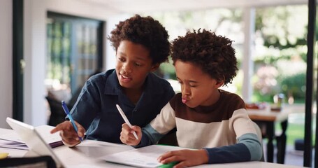 Children, writing and tablet for education at house for studying, learning and help brother. Black family, kids and digital for online video, information and lesson notes for homeschooling assignment - Powered by Adobe
