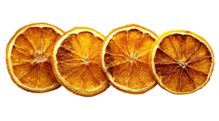 Four dried orange slices arranged in a horizontal row