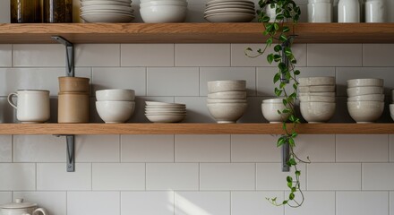 Rustic Kitchen Shelves with White Dishes and Greenery in Minimalist Decor