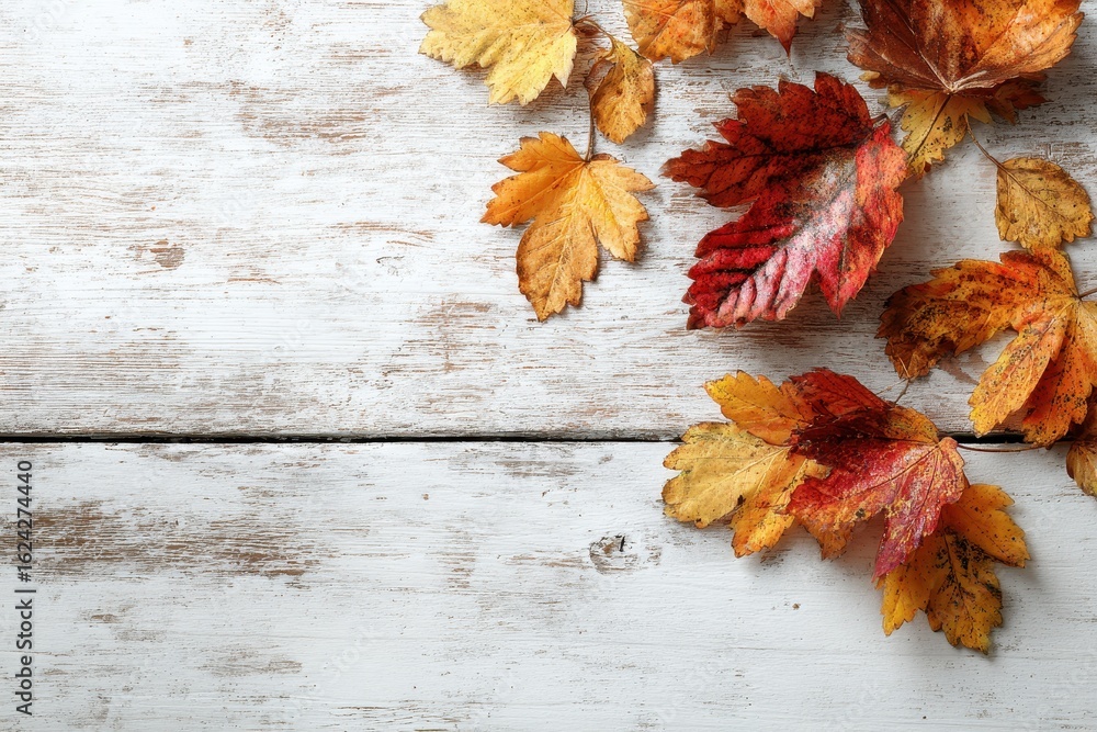 Poster autumn leaves in vibrant colors scattered on rustic whitewashed wood, capturing the essence of fall 
