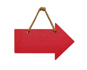 Red arrow sign hanging wooden board right direction isolated on transparency background textured surface guidance navigation empty space for text simple design clear message