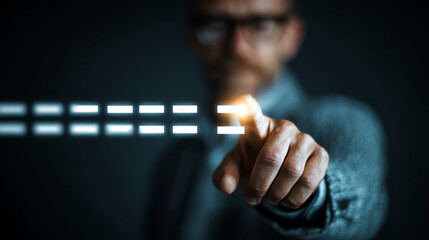 Professional man adjusting bright virtual KPI sliders with focus and precision