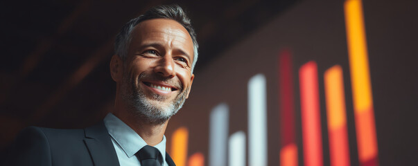 Smiling executive standing near KPI charts soft lighting, exuding confidence and positivity