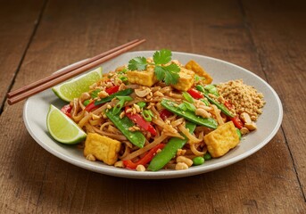 Colorful and Delicious Stir-Fried Noodles with Tofu, Vegetables, and Fresh Lime on a Rustic Wooden Table