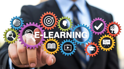 Businessman s finger touching colorful gears with e learning icons representing online education and digital learning concepts