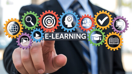 Businessman s finger touching e learning text surrounded by colorful gears with educational icons symbolizing online learning