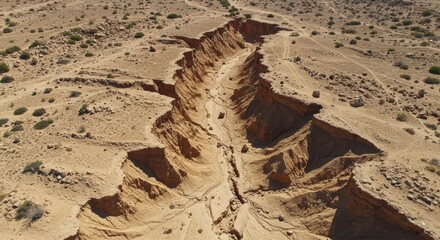 Vast Desert Landscape with Eroded Canyon and Dry Soil in Arid Environment
