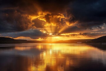 Dramatic sunset over a lake, with vibrant clouds and reflections