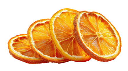 Stacked dried orange slices.  Close-up view of three overlapping,  thinly sliced,  dried oranges.  Rich, golden yellow color.  Crisp,  slightly textured surfaces.  Dark background