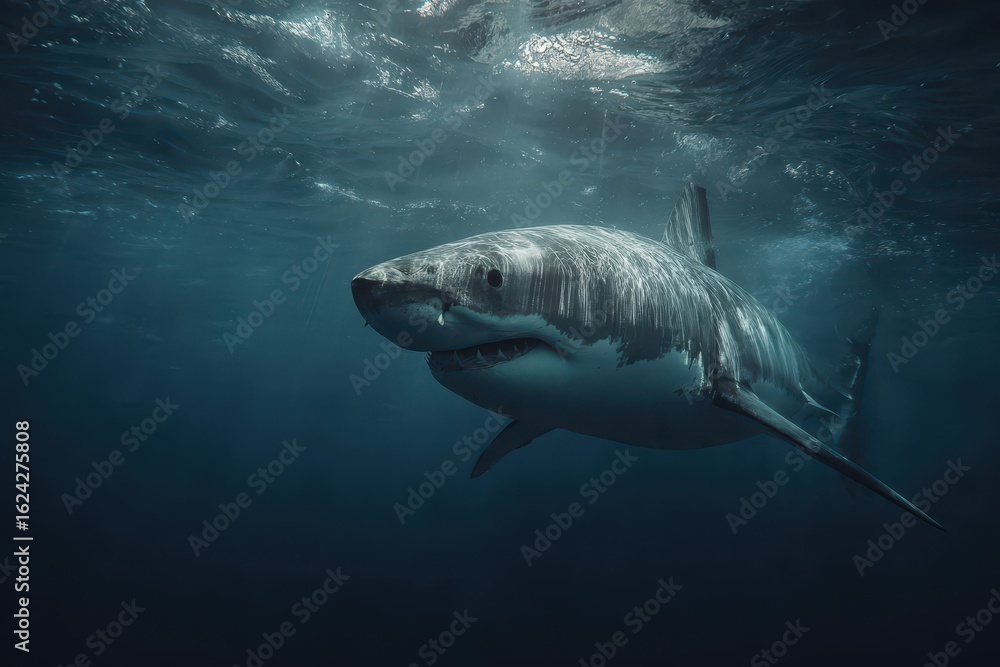 Poster shark swimming forward through deep ocean waters showcasing its powerful body and sharp features in 