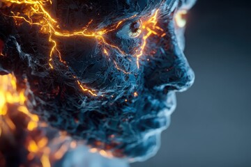 Humanoid head with vibrant blue and yellow colors showcasing intricate details and glowing features, illuminated by a radiant light