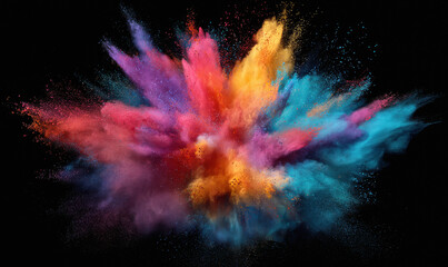 Black background with a colorful powder explosion in the center, vibrant colors